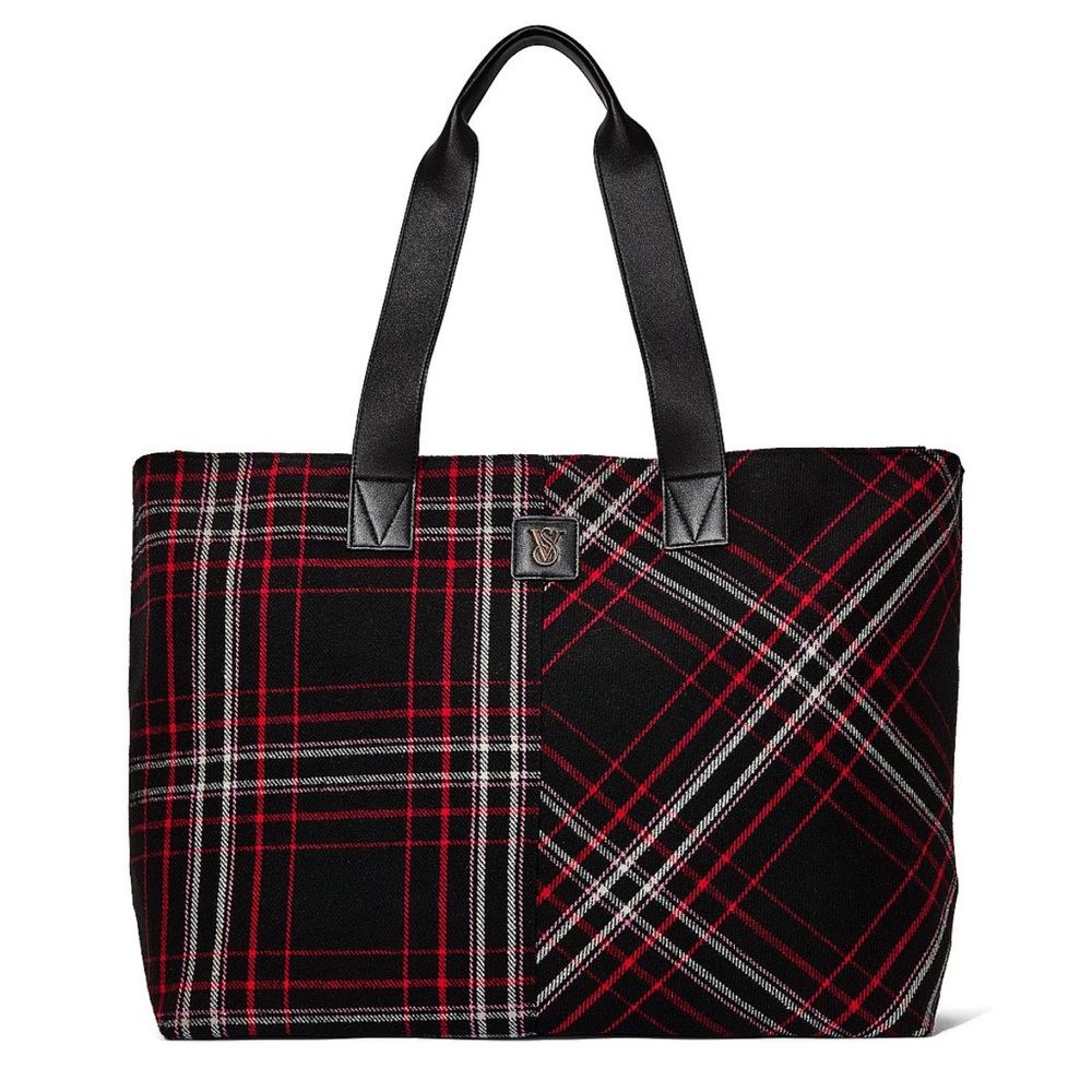 Victoria’s Secret Black & Red Plaid Tote Bag 13.75" x 22.83" x 7.375" Zip Top - Picture 2 of 12